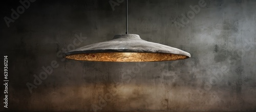 A lamp hangs on a bumpy concrete ceiling