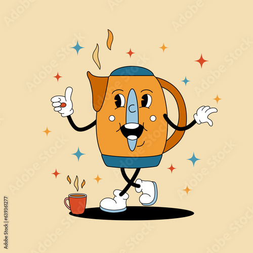 Comic flat Kettle with face on decorated background. Vector hot drink cartoon illustration in groovy retro style with cup. Square image of cute teapot character with smile for concept or banner