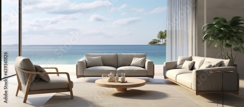 Black leather sofa set with sea view in a modern living room