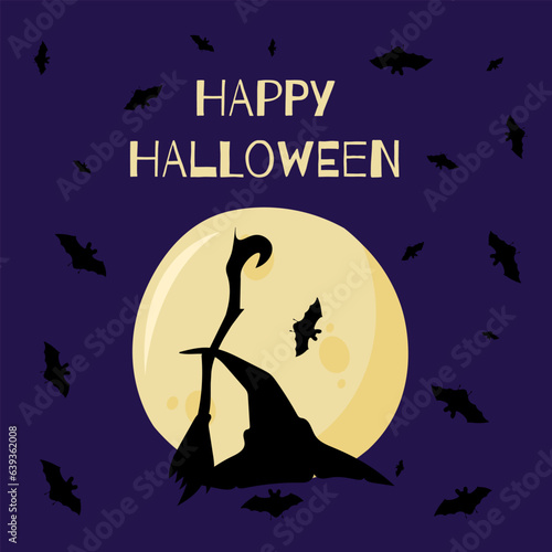 The vector illustration of Happy Halloween can be used as a banner or a greeting card. Witch hat and broom, bats, on a violet background.