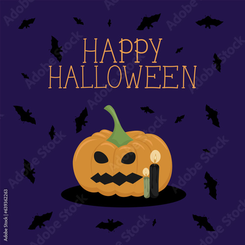 The vector illustration of Happy Halloween can be used as a banner or a greeting card. Pumpkin, bats, and a candles on a violet background.