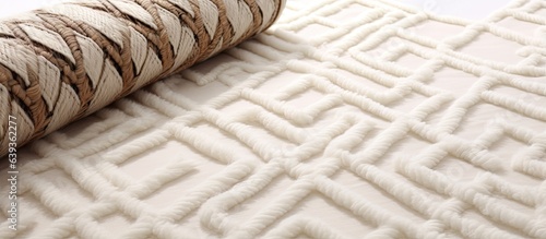 depicted white background rug with ethnic geometric pattern Scandinavian style with long pile and braids