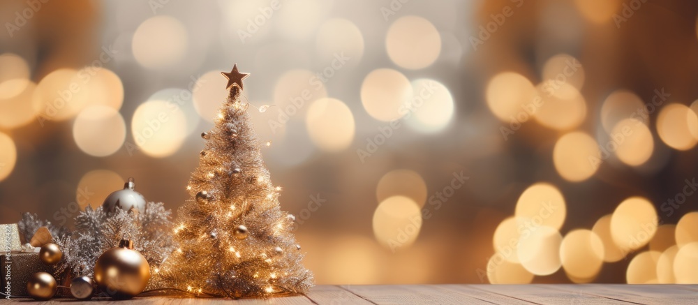 Festive home interior featuring a Christmas tree with a beautifully decorated bokeh background