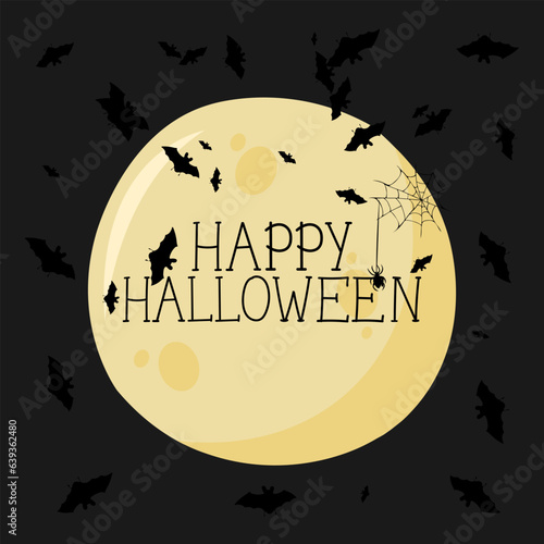 The vector illustration of Happy Halloween can be used as a banner or a greeting card. The moon and bats against a dark background.