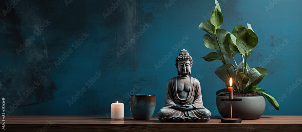 Buddha statue as interior design detail in contemporary home - obrazy, fototapety, plakaty 
