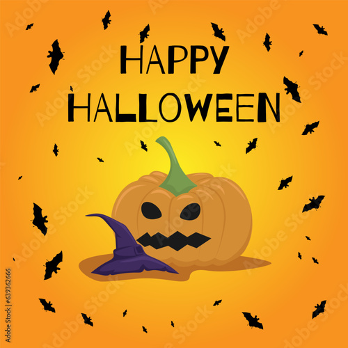 The vector illustration of Happy Halloween can be used as a banner or a greeting card. Pumpkin, bats, and a witch hat on an orange background.