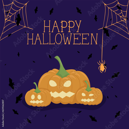 The vector illustration of Happy Halloween can be used as a banner or a greeting card. Pumpkin, bats, and a spider web on a violet background.