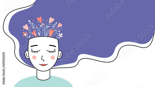 Woman with flowers from her head.Concept of mental health, calmness and balance, joy and love of life, harmony.Banner with copy space.Vector stock illustration.