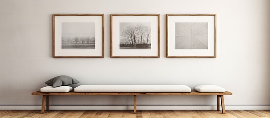 Concrete wall wooden floor bench and three picture frames in an interior mock up visualized in