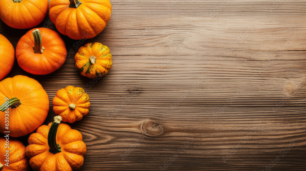 top view of pumpkins on a wooden table, autumn concept top view of pumpkins on a wooden table, autumn concept