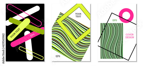 Geometric cover design, set of 3 covers. Abstract unusual background in Memphis style. Bright geometric shapes in random order
