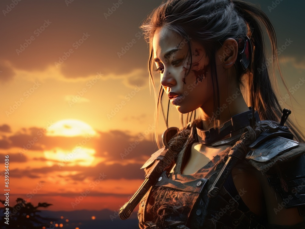 Portrait of beautiful epic warrior woman at sunset AI Portrait of beautiful epic warrior woman at sunset AI