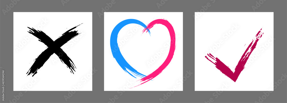The cross, heart and OK symbol are hand-drawn with a brush. Prohibition, denial, error. Love. Approval, consent. Vector, set of 3 characters The cross, heart and OK symbol are hand-drawn with a brush. Prohibition, denial, error. Love. Approval, consent. Vector, set of 3 characters