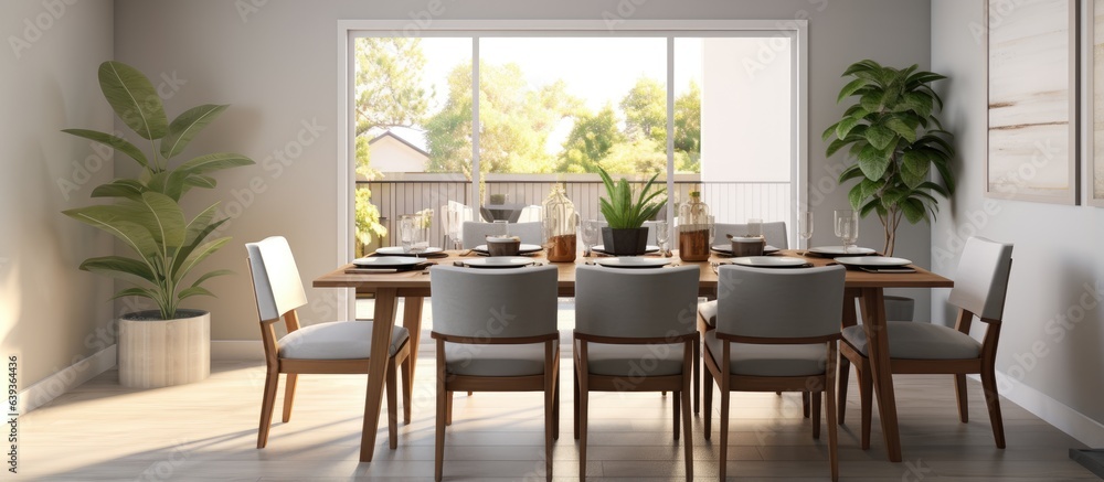 Obraz premium Staged home with contemporary open dining area featuring gray chairs and wood table adjacent to family room in renovated property