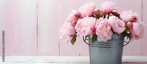 Fototapeta Naklejka Na Ścianę i Meble -  Pink peony flowers in a metal bucket in a shabby chic interior