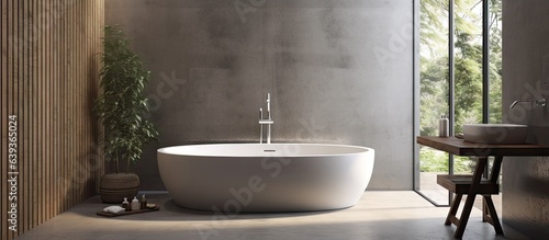 a stylish bathroom with gray walls wooden walls concrete floor panoramic window bathtub and shower stall