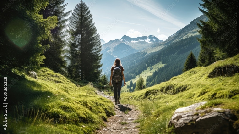 Female hiker, full body, view from behind, walking on a trail in the alps