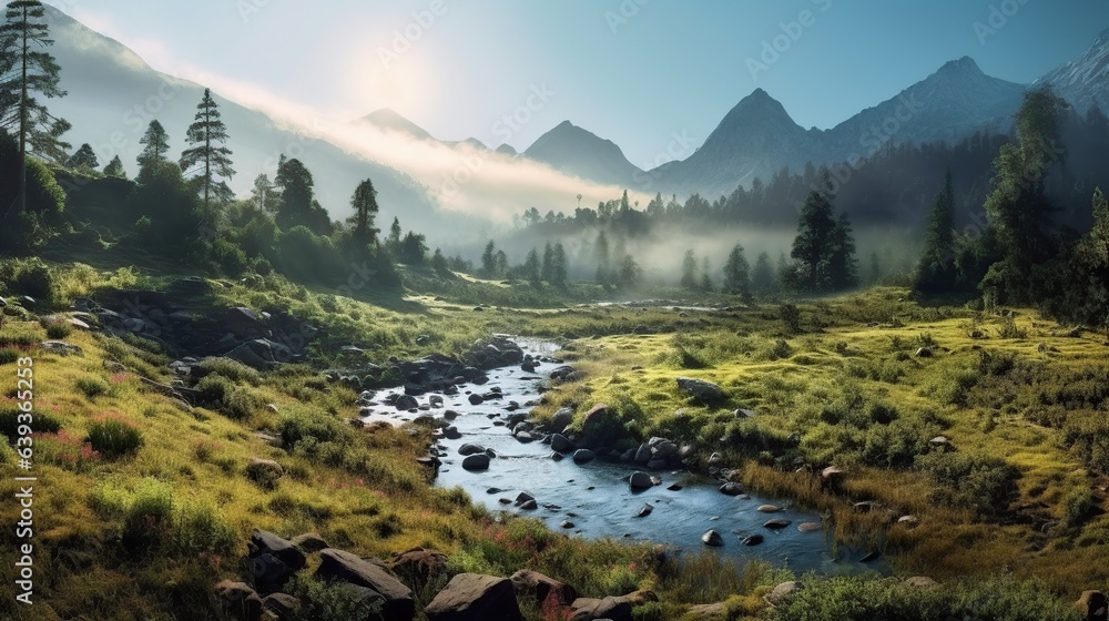 Beautiful summer landscape with river, forest and sunset. 3d render