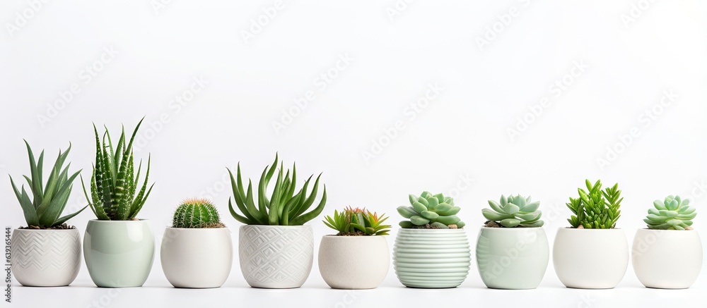 Succulents and cactus plants in white pots on a background Succulents and cactus plants in white pots on a background