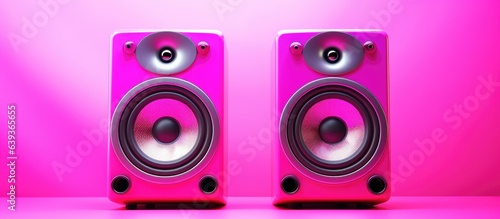 Two sound producing devices against blurry pink backdrop seen from the front