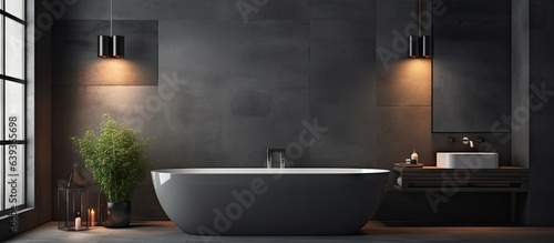 Rendered mock up of a gray bathroom with concrete floor plenty of windows an original tub and ceiling lamps