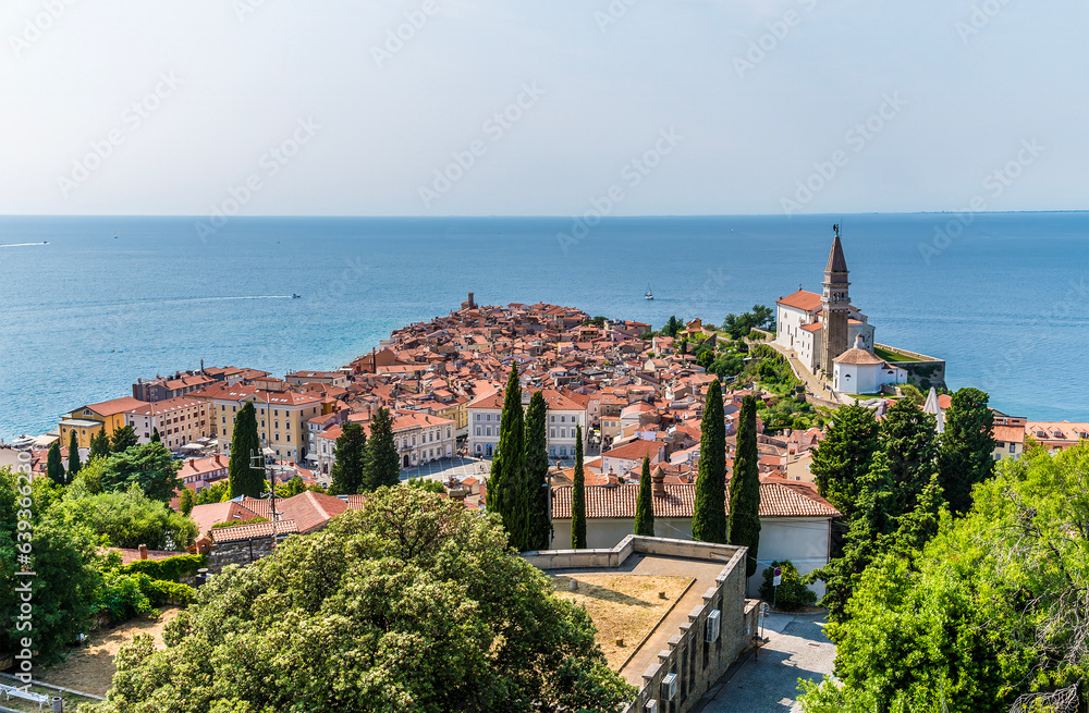A view past trees towards the cathedral and promontory in the town of Piran, Slovenia in summertime