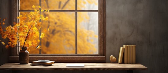 Empty desk with autumn themed window background