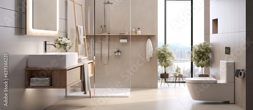 Modern ed residential bathroom with washstand toilet and shower