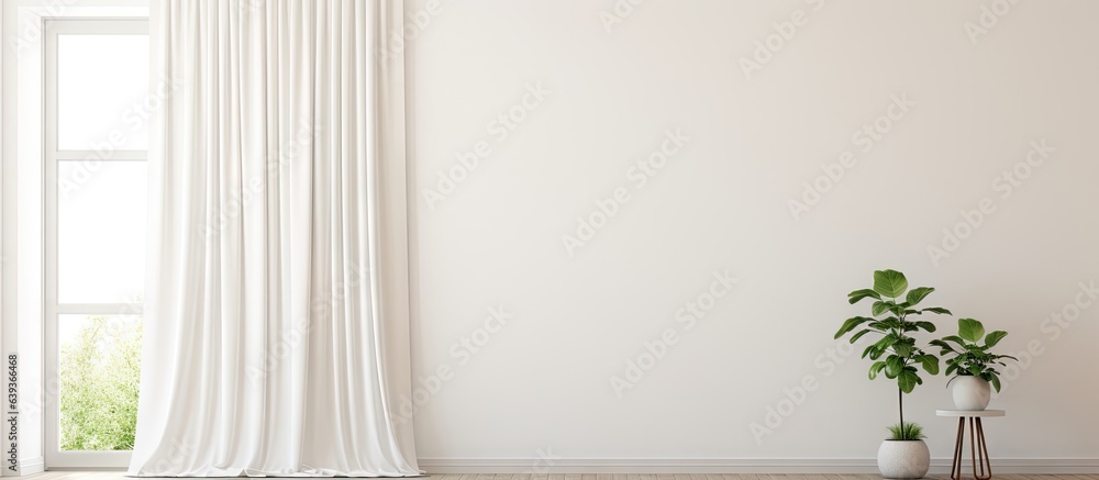 Minimalist white room interior with wooden floor window curtain and bright wall mockup Minimalist white room interior with wooden floor window curtain and bright wall mockup