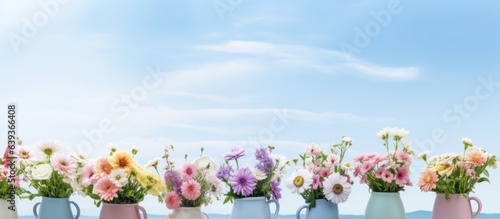 Floral pots placed alone on white wooden table and sky backdrop web banner for florist shop © HN Works