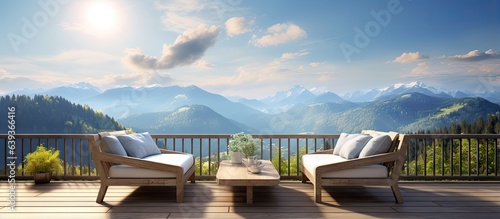 ing depiction of balcony with outdoor seating area overlooking mountains and blue sky emphasizing relaxation concept © HN Works