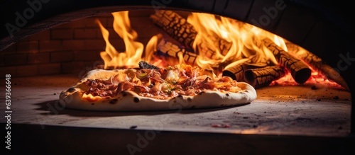 Blazing fire inside oven used for pizza photo