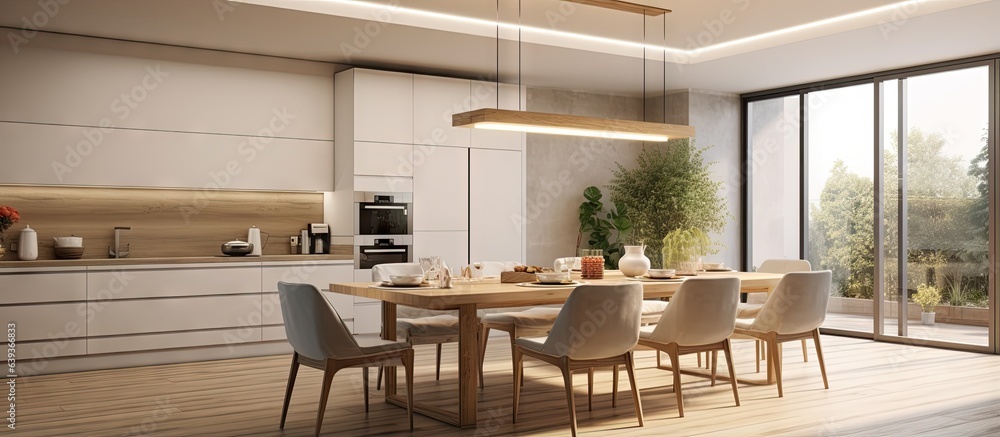 Contemporary style connects interior light dining room and kitchen