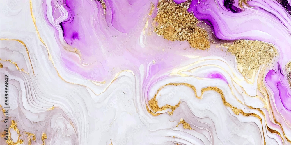 Abstract fluid art painting made in alcohol ink technique violet pink white colors gold paints.Imitation of marble stone cut,glowing glitter golden foil veins.Tender dreamy design..