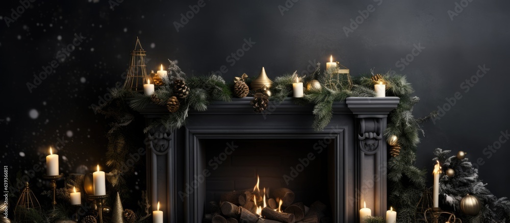 Black background Christmas postcard template featuring a chimney with candles and copy space