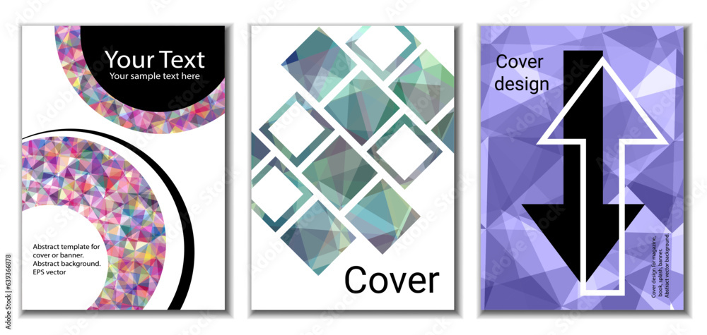 Cover design. Set of 3 covers. Imitation of crumpled paper. Unusual bright abstract background for magazine, book, splash, banner, vector. Imitation of crumpled paper