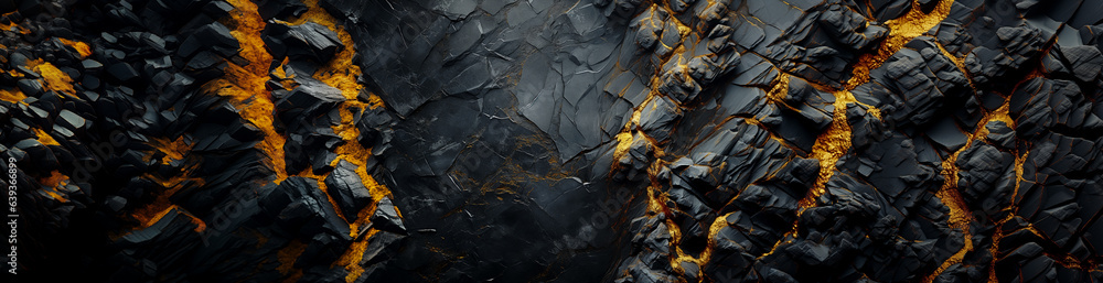 Halloween orange, black rock texture with gold veins and golden boulders. Medieval dungeon stone wall glowing yellow background for copy space. Granite horizontal mobile web banner grunge backdrop.