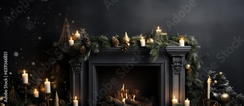Black background Christmas postcard template featuring a chimney with candles and copy space