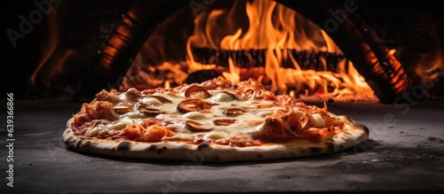 Blazing fire inside oven used for pizza