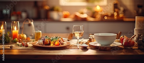 Dinner served on kitchen table with warm interior