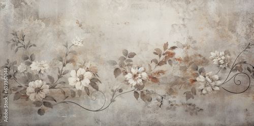 gray vintage retro pattern motif  floral wallpaper, shabby minimal theme, stone concrete background © aledesun