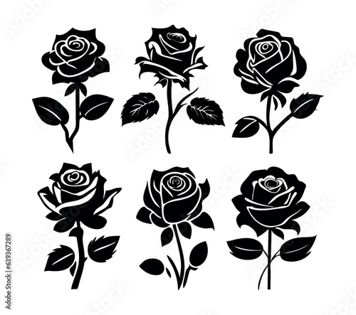 Black roses flowers silhouette set vector drawing isolate on white.Floral beautiful wedding element.Stencil tattoo design.Decor.Decoration.Plotter laser cutting.Beauty salon logo.DIY cut.