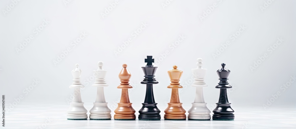 Close up of chess pieces on a white surface playing a game with success and strategy Close up of chess pieces on a white surface playing a game with success and strategy