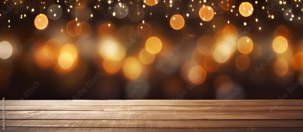 Blurred bokeh lights background at an empty wooden holiday table seen at night Blurred bokeh lights background at an empty wooden holiday table seen at night