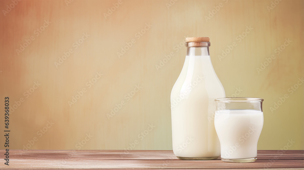 A bottle of milk and glass of milk on a wooden table on a pastel background. Advertising copy space. A bottle of milk and glass of milk on a wooden table on a pastel background. Advertising copy space.