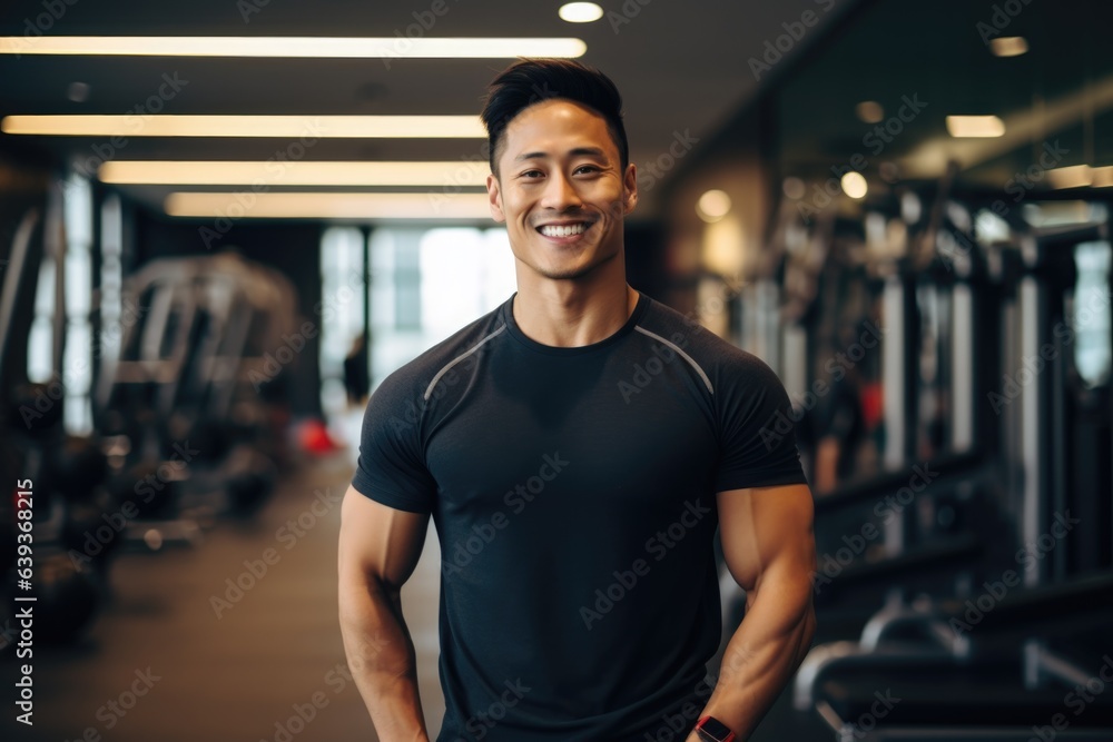 Smiling portrait of a young male asian fitness trainer instructor working in a gym Smiling portrait of a young male asian fitness trainer instructor working in a gym