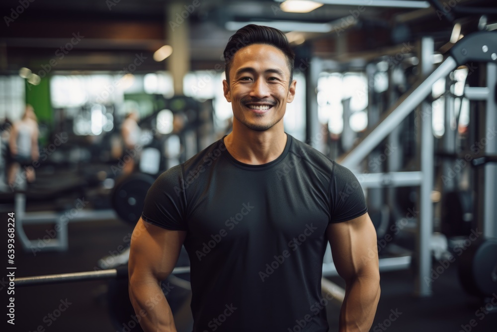 Smiling portrait of a young male asian fitness trainer instructor working in a gym Smiling portrait of a young male asian fitness trainer instructor working in a gym