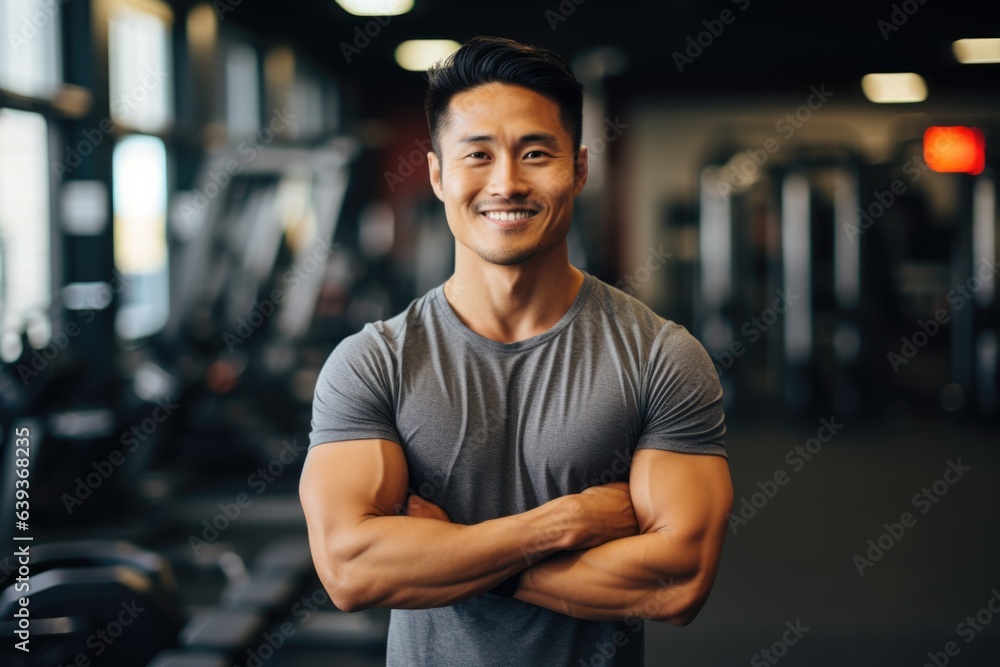 Smiling portrait of a young male asian fitness trainer instructor working in a gym Smiling portrait of a young male asian fitness trainer instructor working in a gym