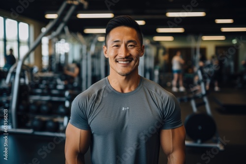 Smiling portrait of a young male asian fitness trainer instructor working in a gym