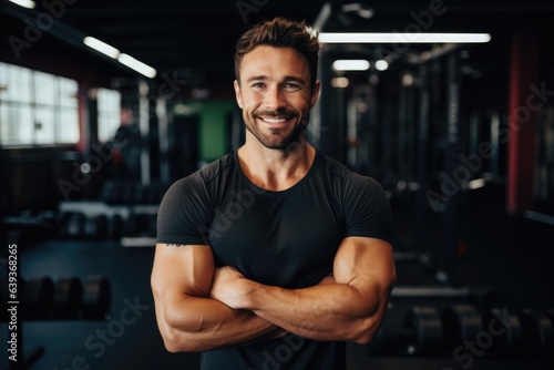 Smiling portrait of a young male caucasian fitness instructor trainer working in a gym © Baba Images